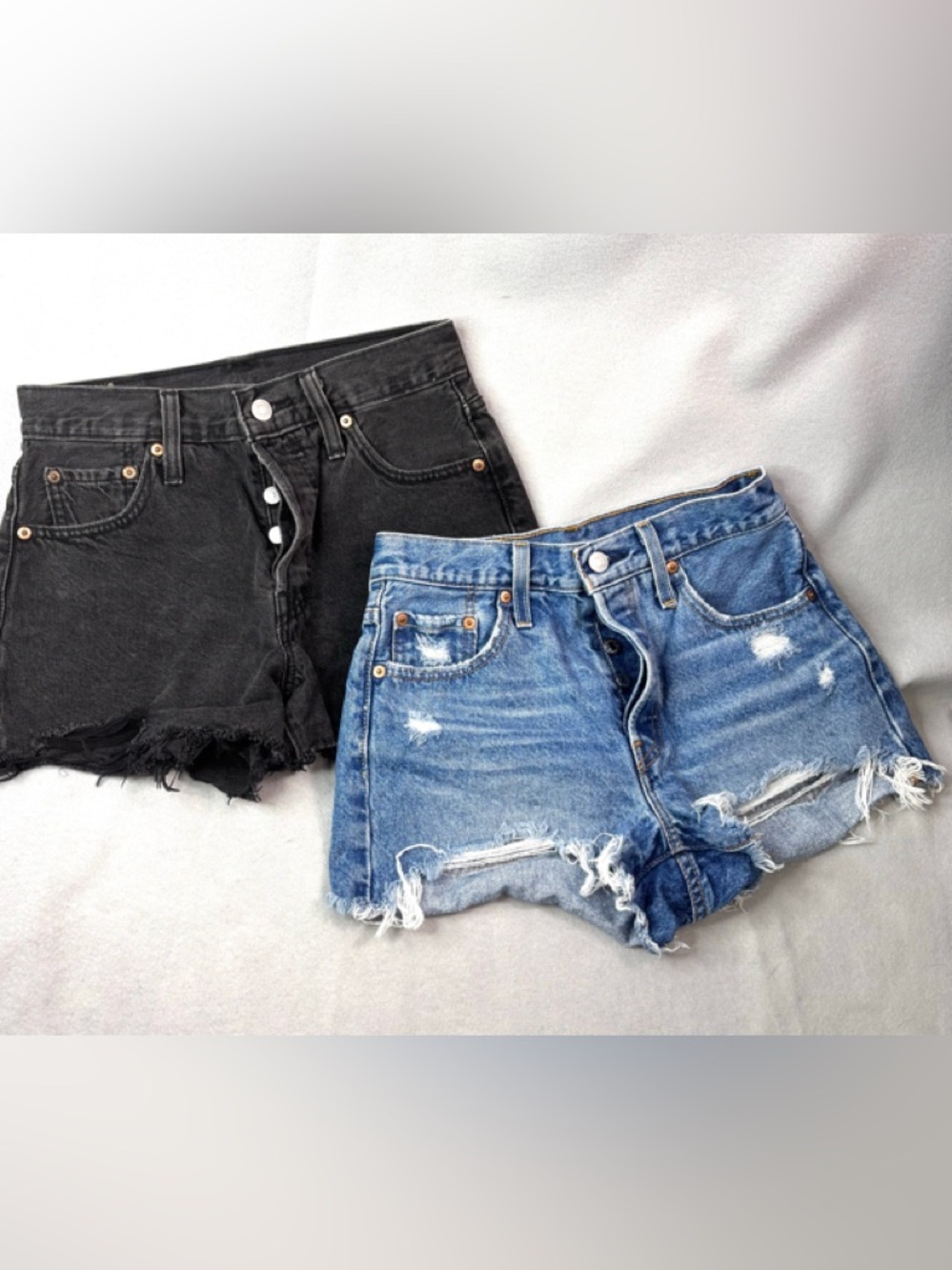 Levi's 501 S Button Fly Raw Hem Black & Blue Distressed Denim Shorts Duo - Picture 7 of 7